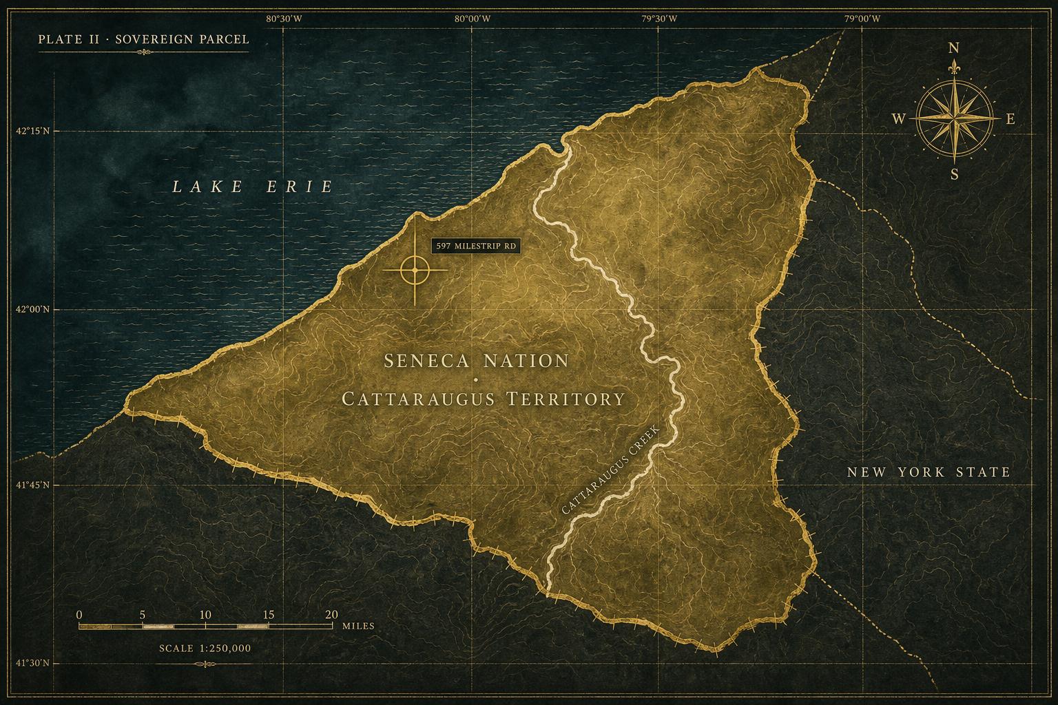 Cartographic plate showing the Seneca Nation Cattaraugus Territory along Lake Erie with 597 Milestrip Rd marked